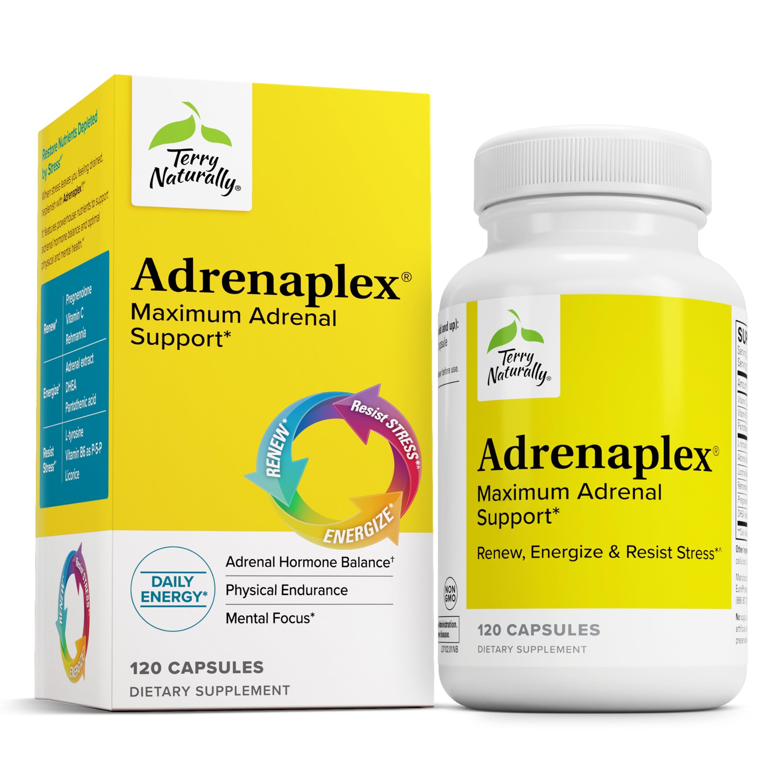 Terry Naturally Adrenaplex bottle front showing adrenal support for daily energy
