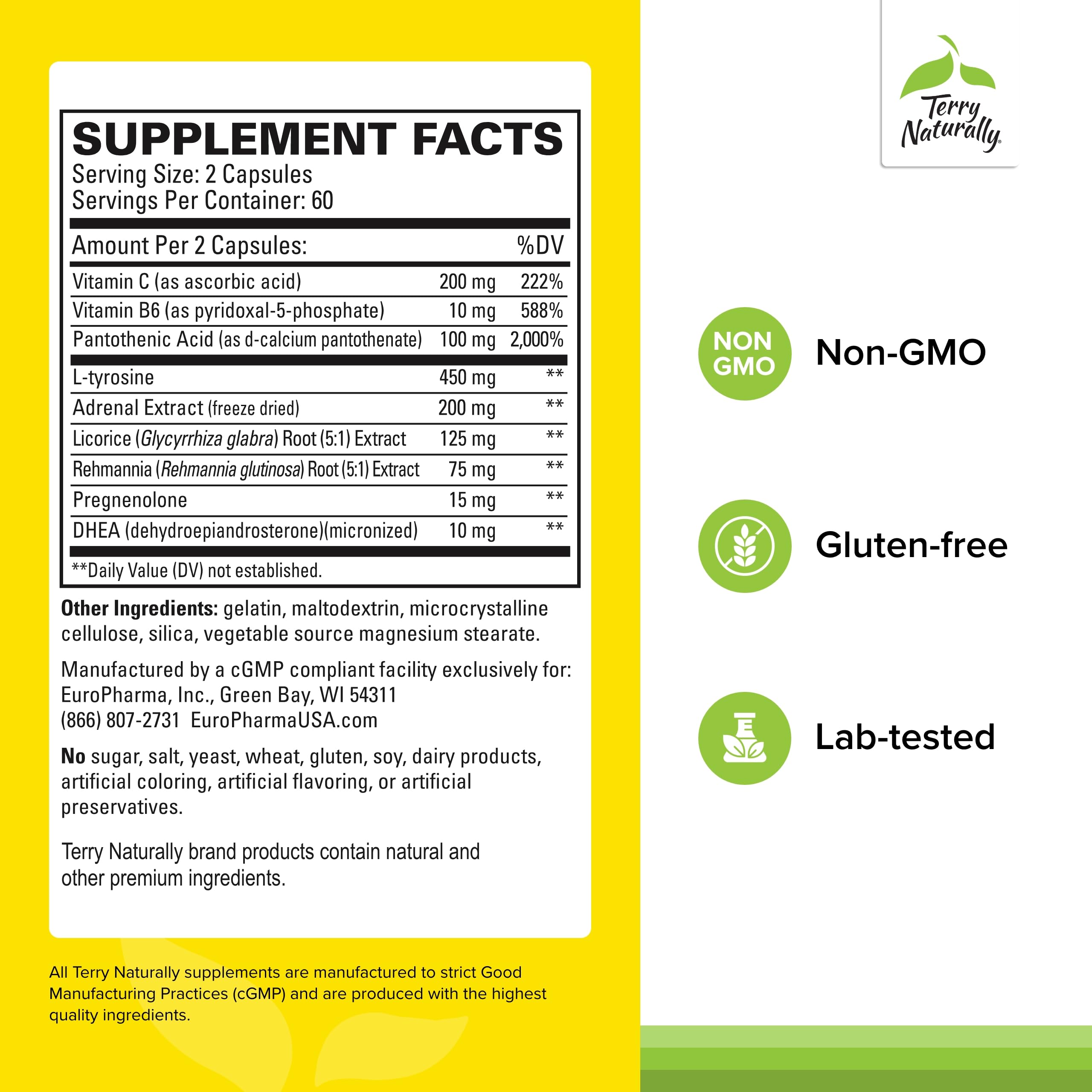 Terry Naturally Adrenaplex bottle label closeup highlights essential nutrients for adrenal health.