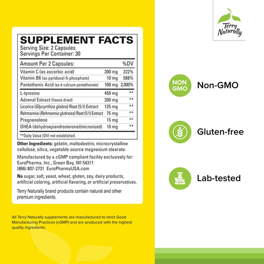 Terry Naturally Adrenaplex bottle label lists DHEA and vital vitamins.