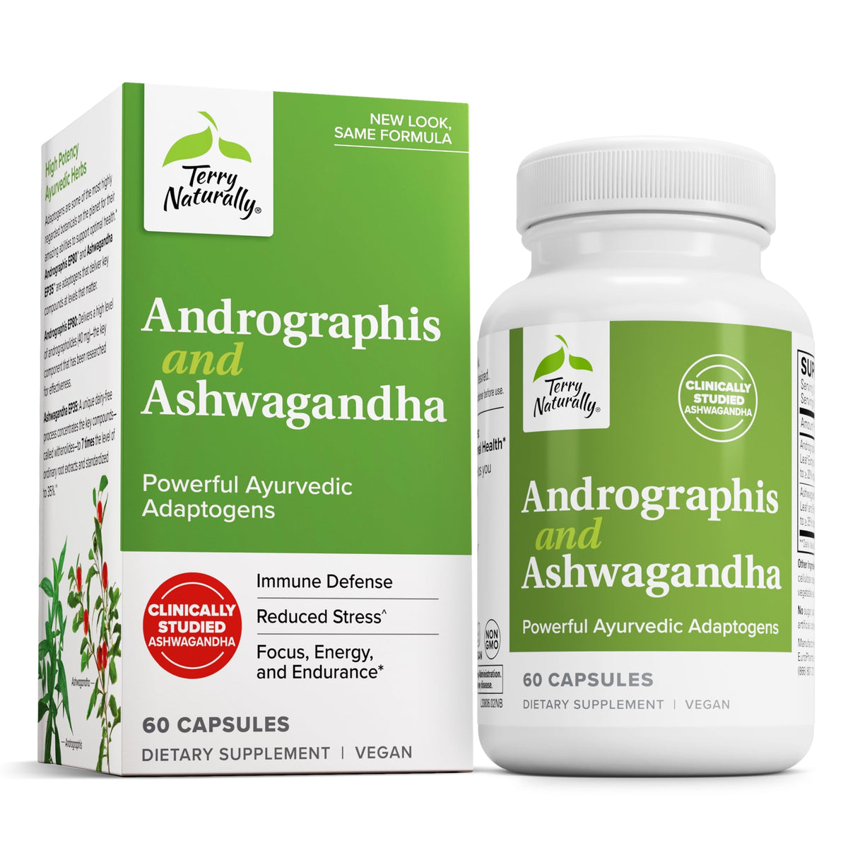 Terry Naturally Andrographis and Ashwagandha bottle front for immune support.