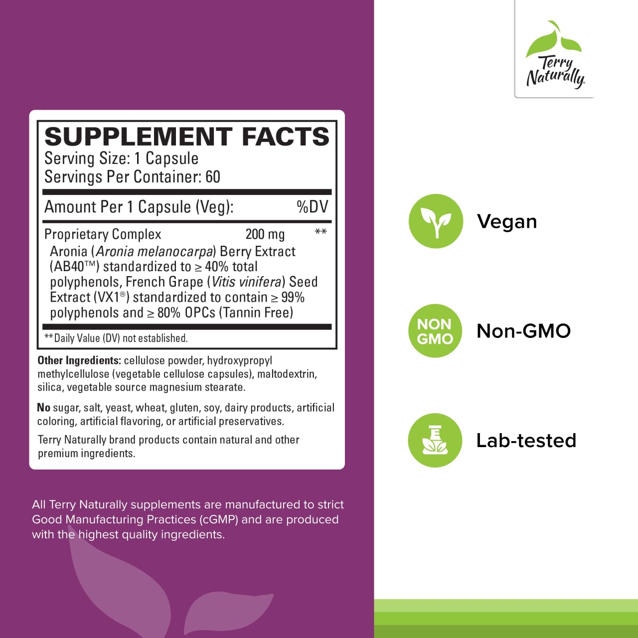 Terry Naturally Aronia Berry Complex capsules close-up showing polyphenol-rich formula