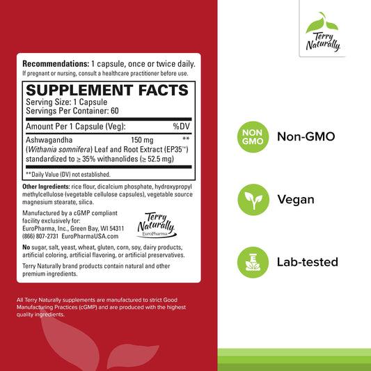 Terry Naturally Ashwagandha EP35 capsules closeup highlights compact capsules for daily energy support.