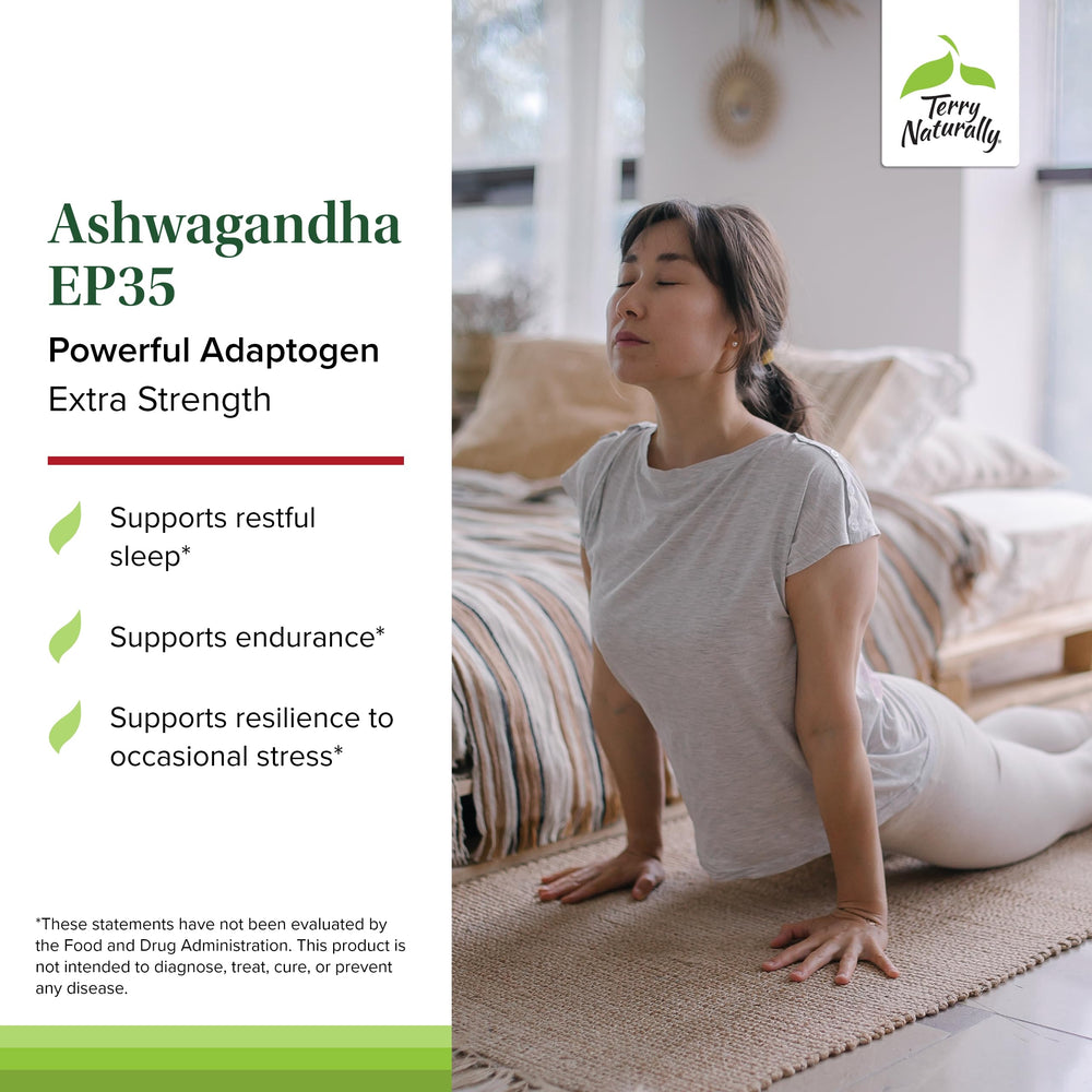 Terry Naturally Ashwagandha EP35 label view shows clean formulation for healthy stress response.