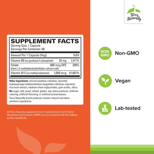 Terry Naturally BioActive Vitamin B bottle back label highlights methylcobalamin, folate, and P-5-P for nervous system support