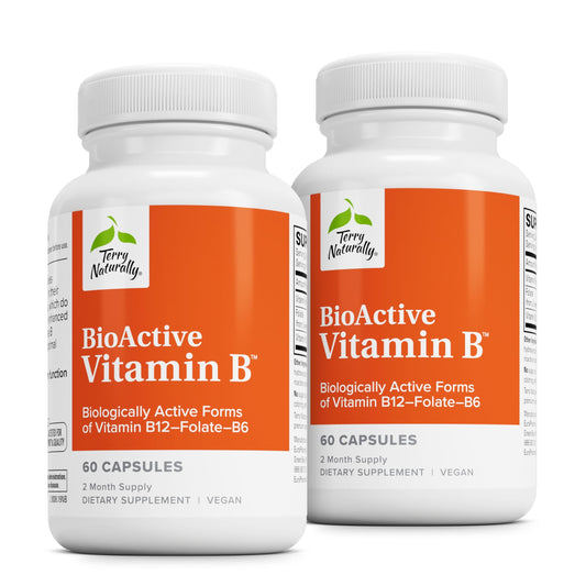 Terry Naturally BioActive Vitamin B bottle front shows bioactive B12 form for heart support