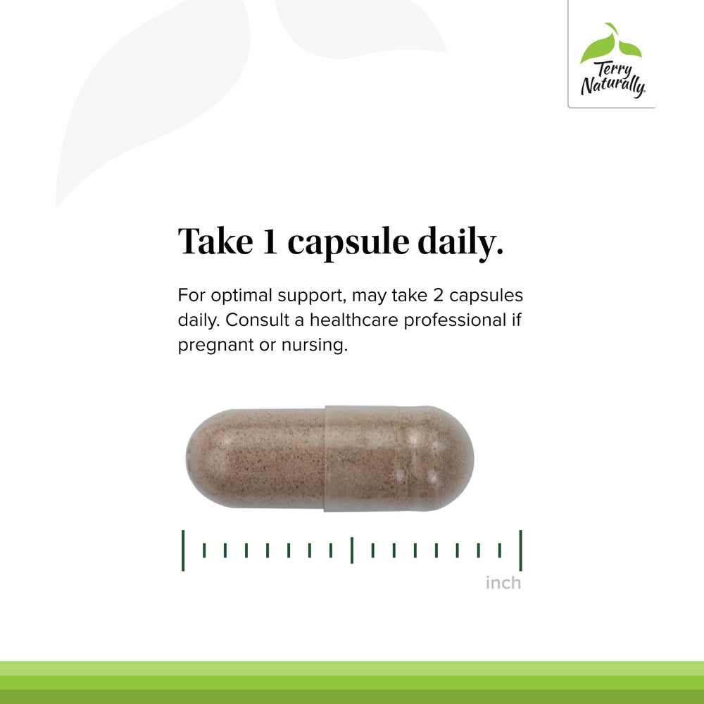 Capsules next to green leaves evoke natural ingredients and quality.