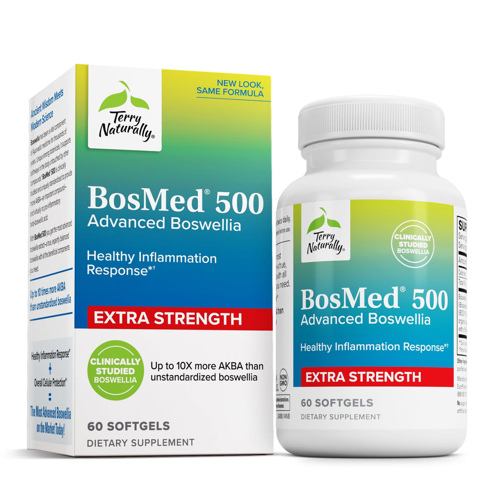 Terry Naturally BosMed 500-60 bottle front view, highlighting non-GMO, gluten-free softgels for daily lung support.
