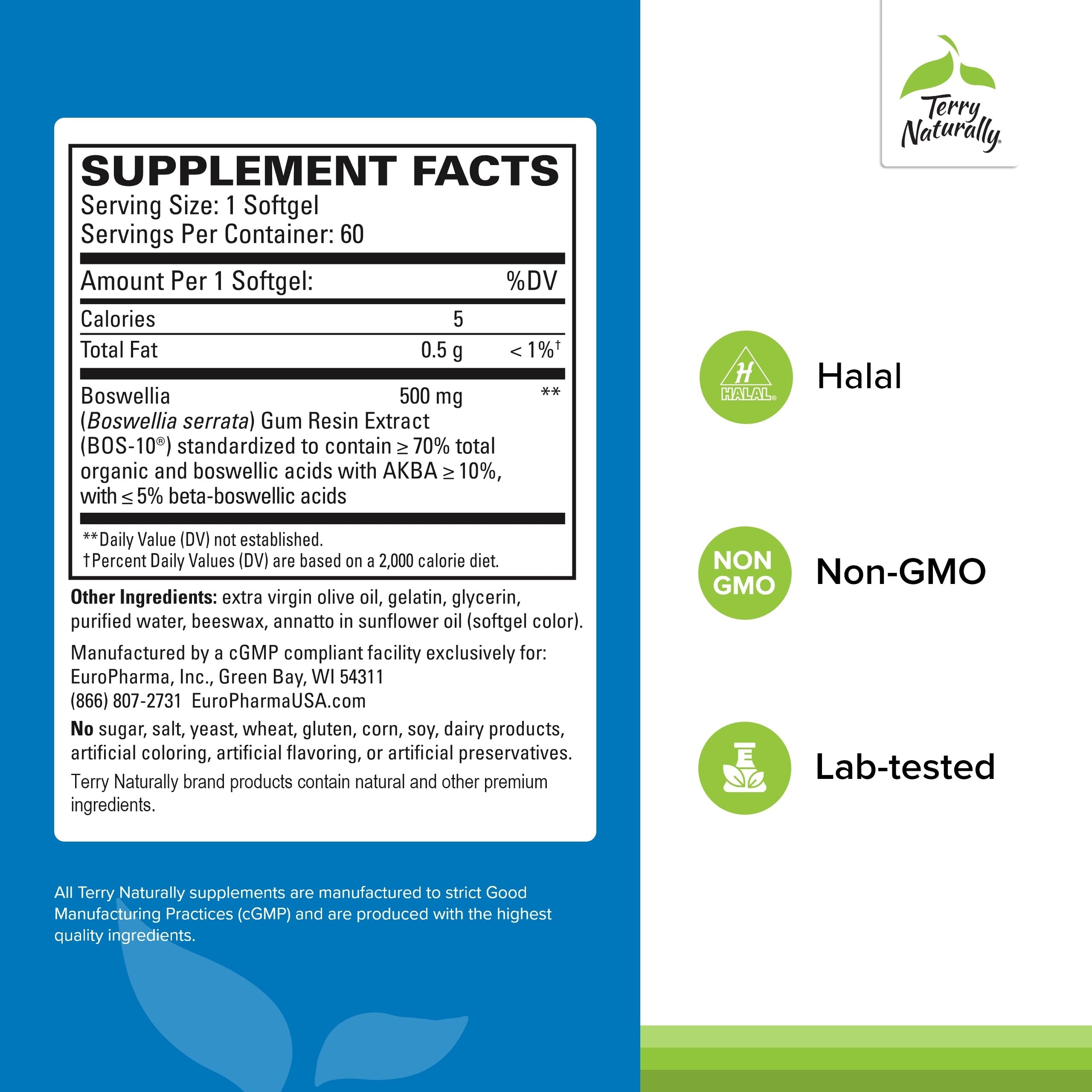 Terry Naturally BosMed softgels bottle side view, easy daily dosage for standard lung health.