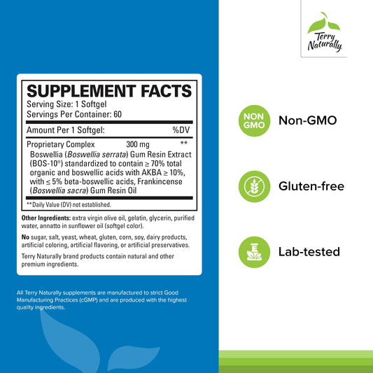 Terry Naturally Boswellia Plus Frankincense Oil softgels shown for mobility