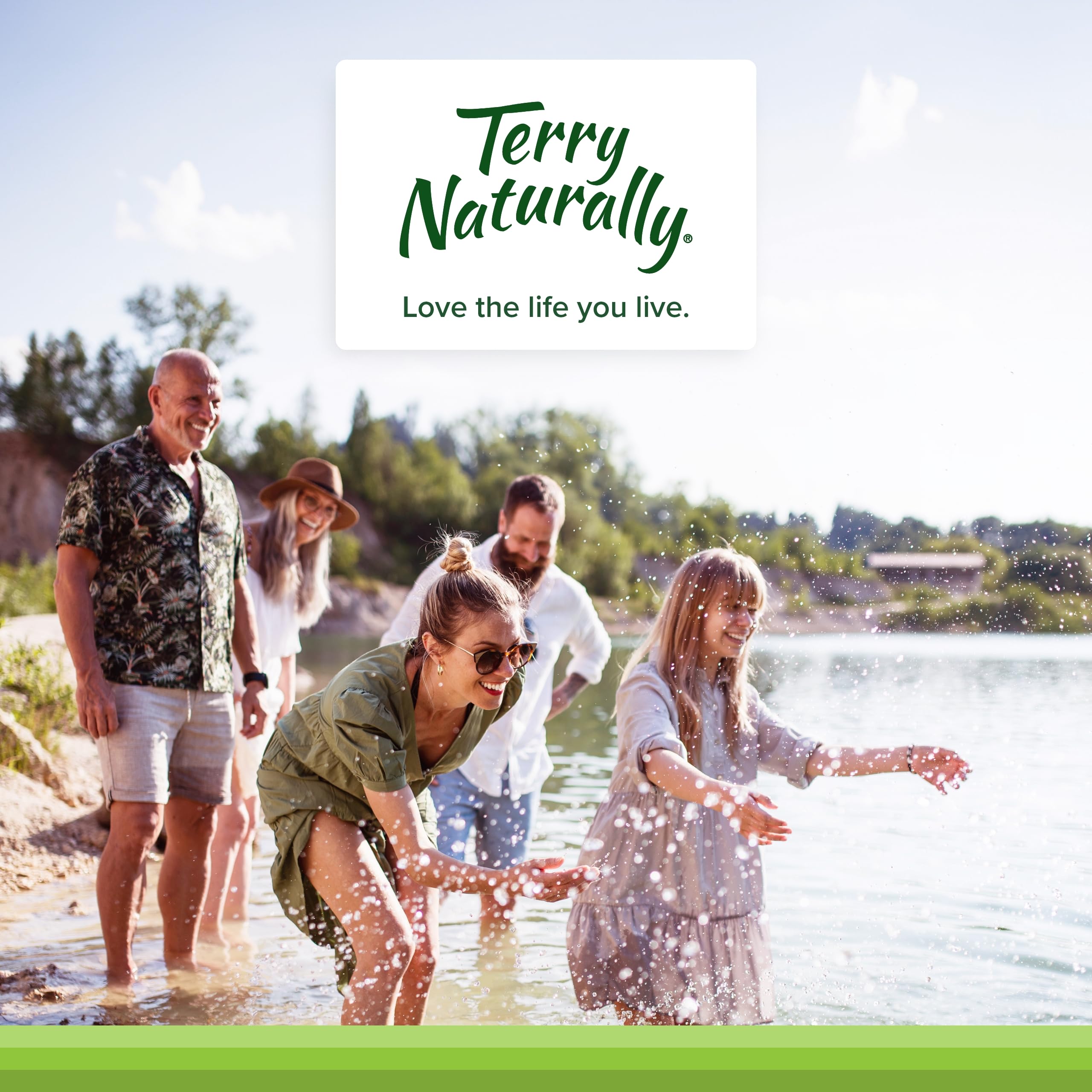Terry Naturally bottle beside a glass of water supporting daily hydration.