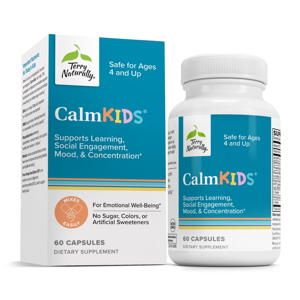 Terry Naturally Calm Kids bottle highlights a calming supplement for better focus.
