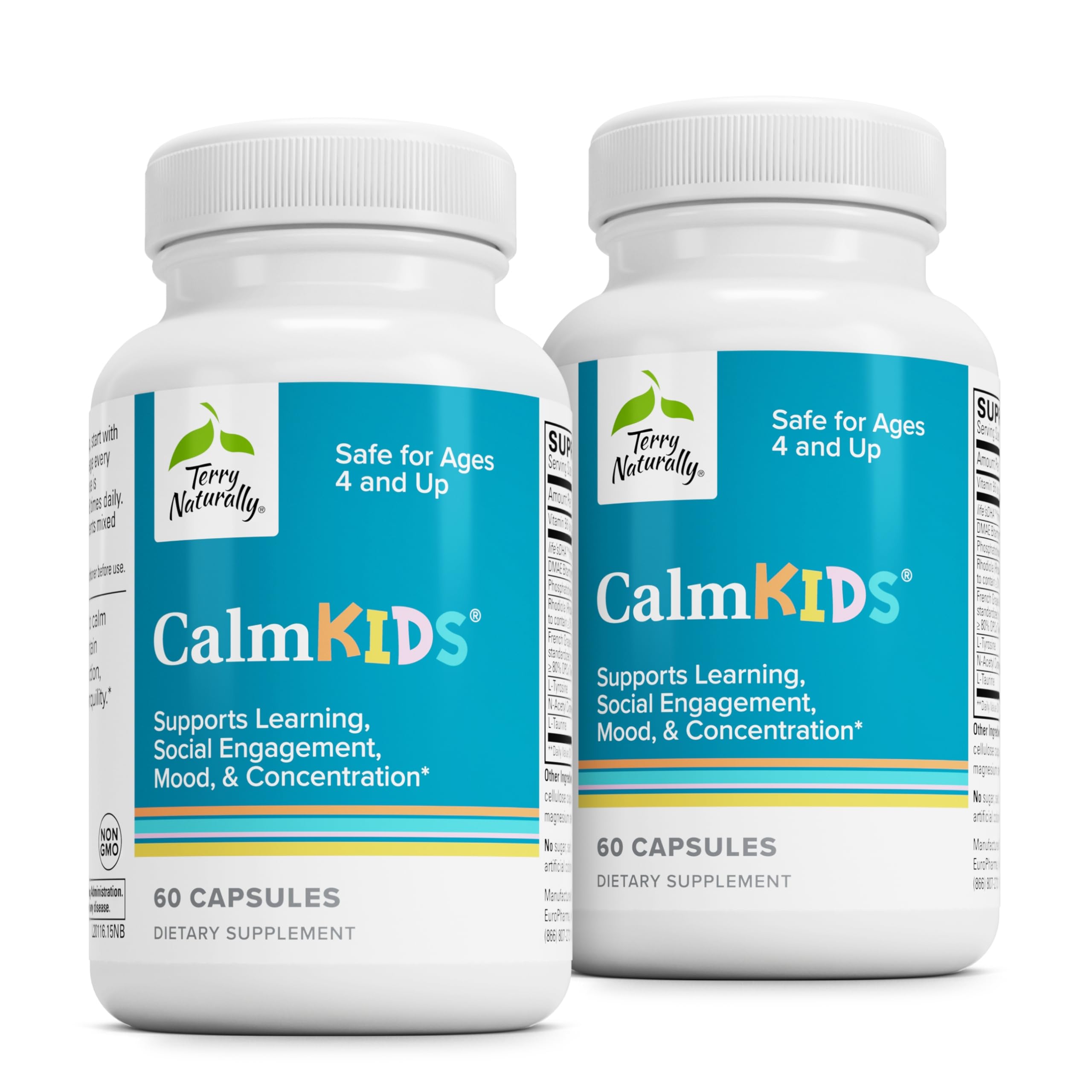 Terry Naturally Calm Kids packaging front signals a calming supplement for focused learning
