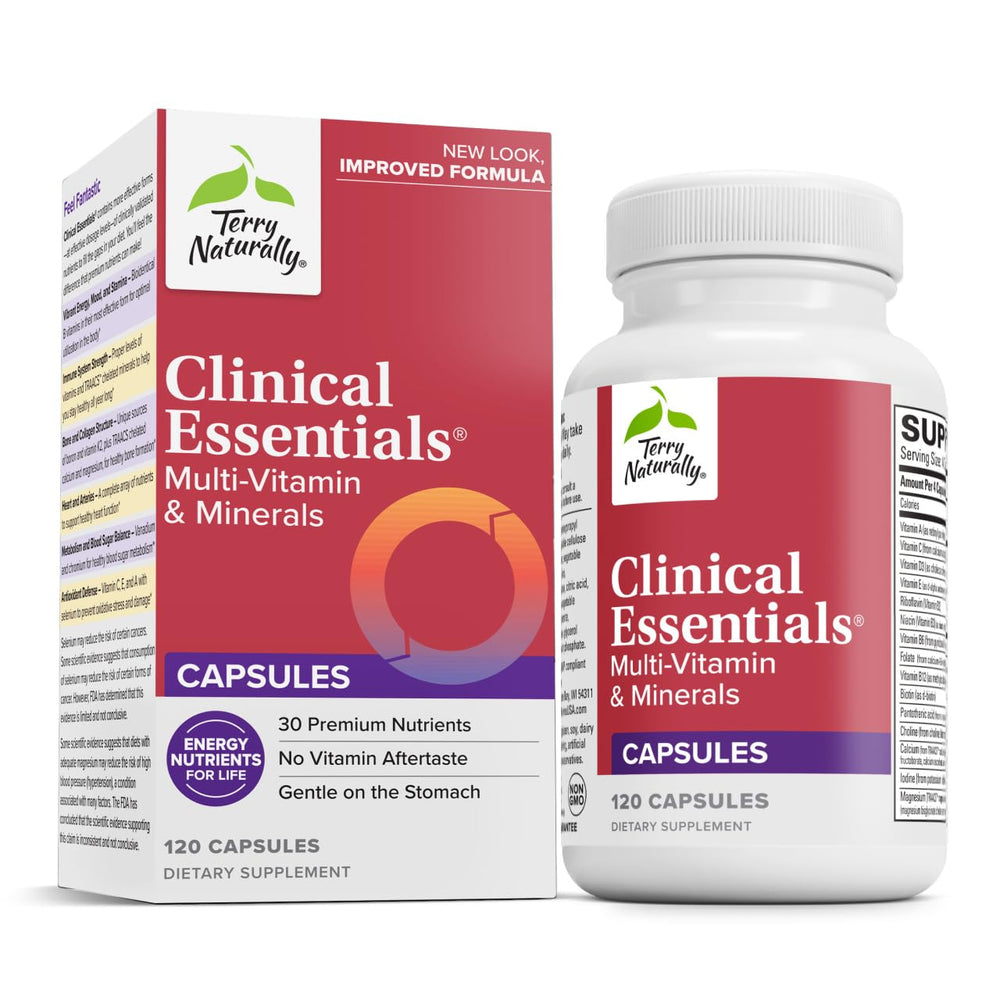 Terry Naturally Clinical Essentials bottle shows a clean design for easy daily supplementation.