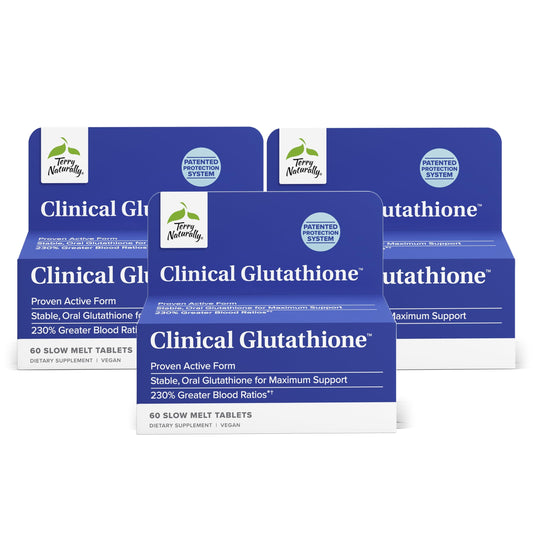 Terry Naturally Clinical Glutathione bottle front for high-absorption antioxidant support.