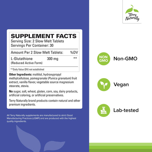 Terry Naturally Clinical Glutathione label detail highlighting Sublinthion technology.