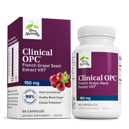 Terry Naturally Clinical OPC bottle label highlights heart health support and focus-friendly ingredients.