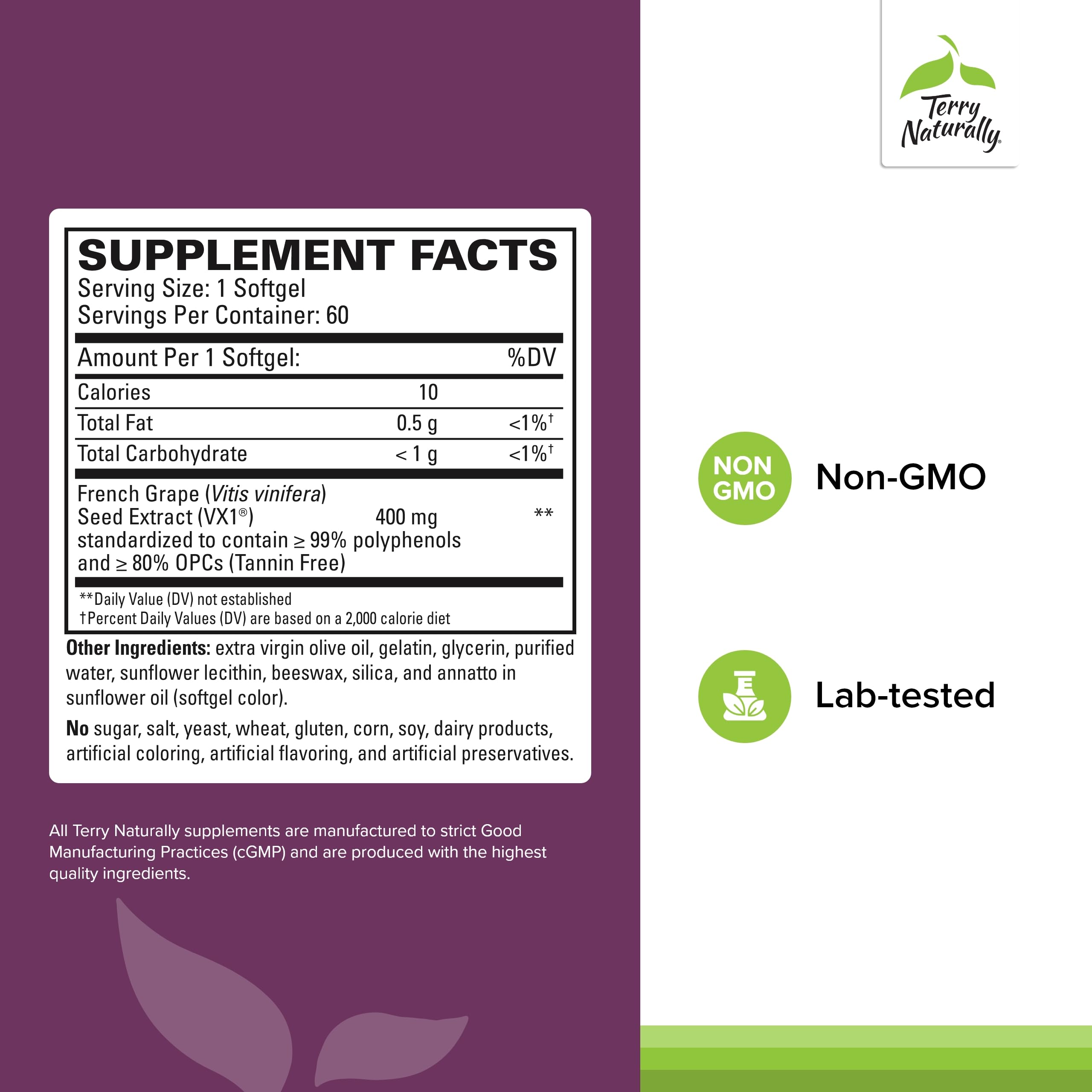 Terry Naturally Clinical OPC bottle back label lists ingredients and daily usage for immune support.