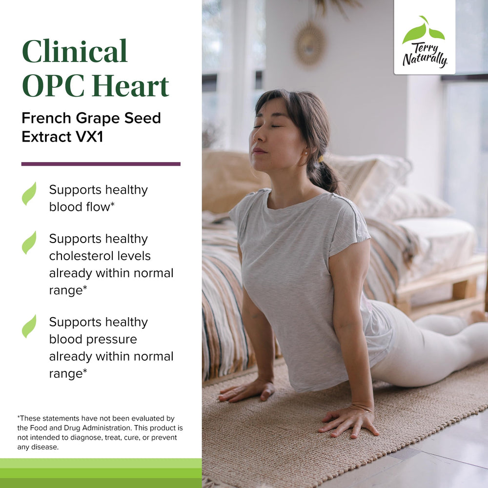 Terry Naturally OPC Heart ingredients label showing essential nutrients and botanicals