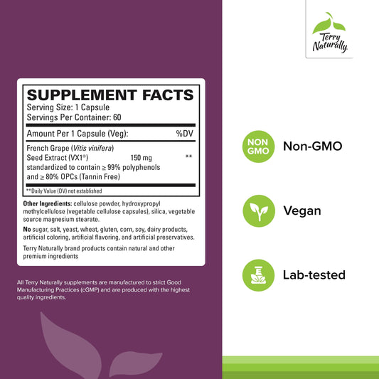 Close-up of Terry Naturally OPC softgels shows easy-to-swallow capsules for daily use.
