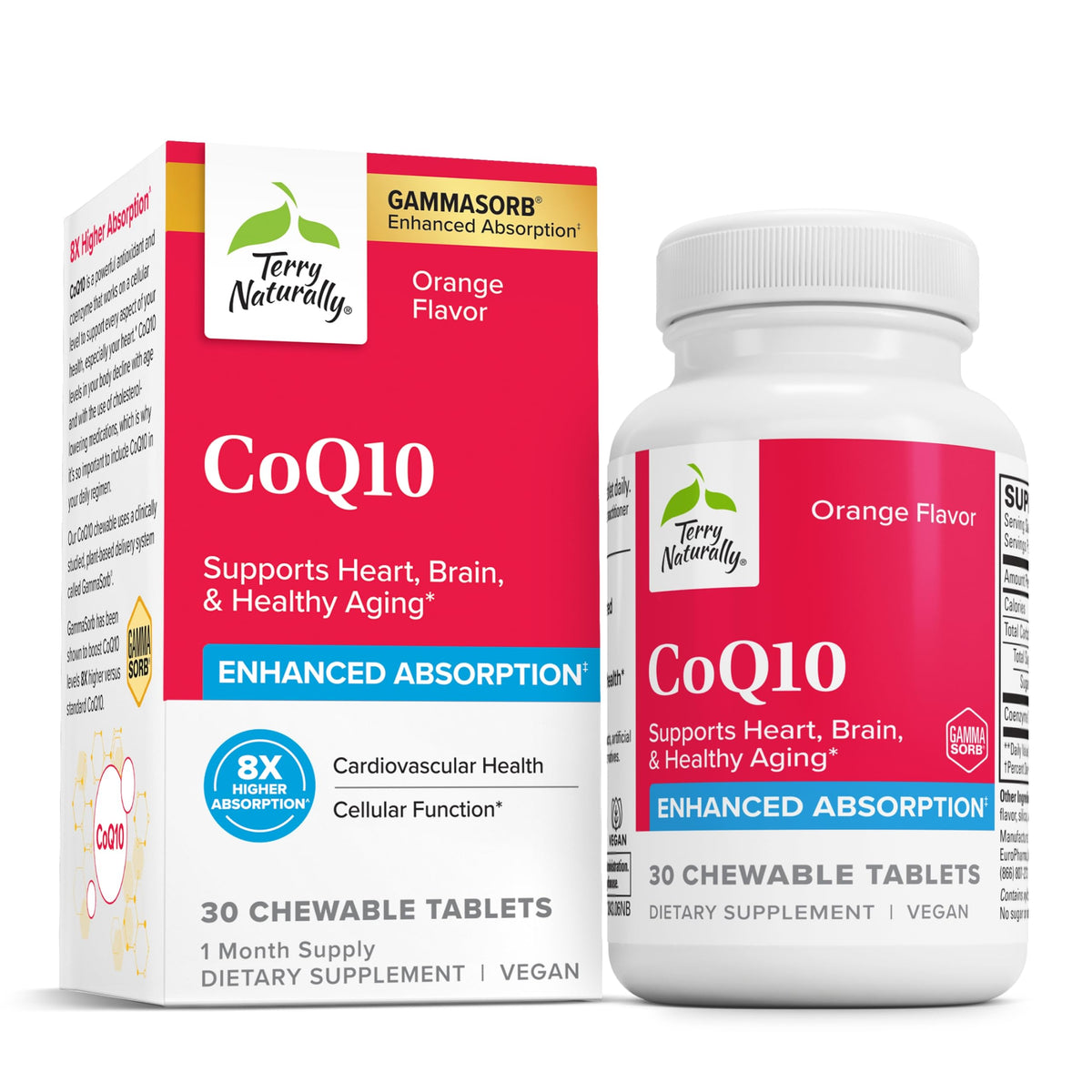 Terry Naturally CoQ10 Chewables bottle shown for daily energy support with easy chews