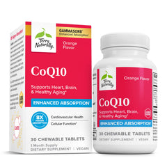 Terry Naturally CoQ10 Chewables bottle shown for daily energy support with easy chews