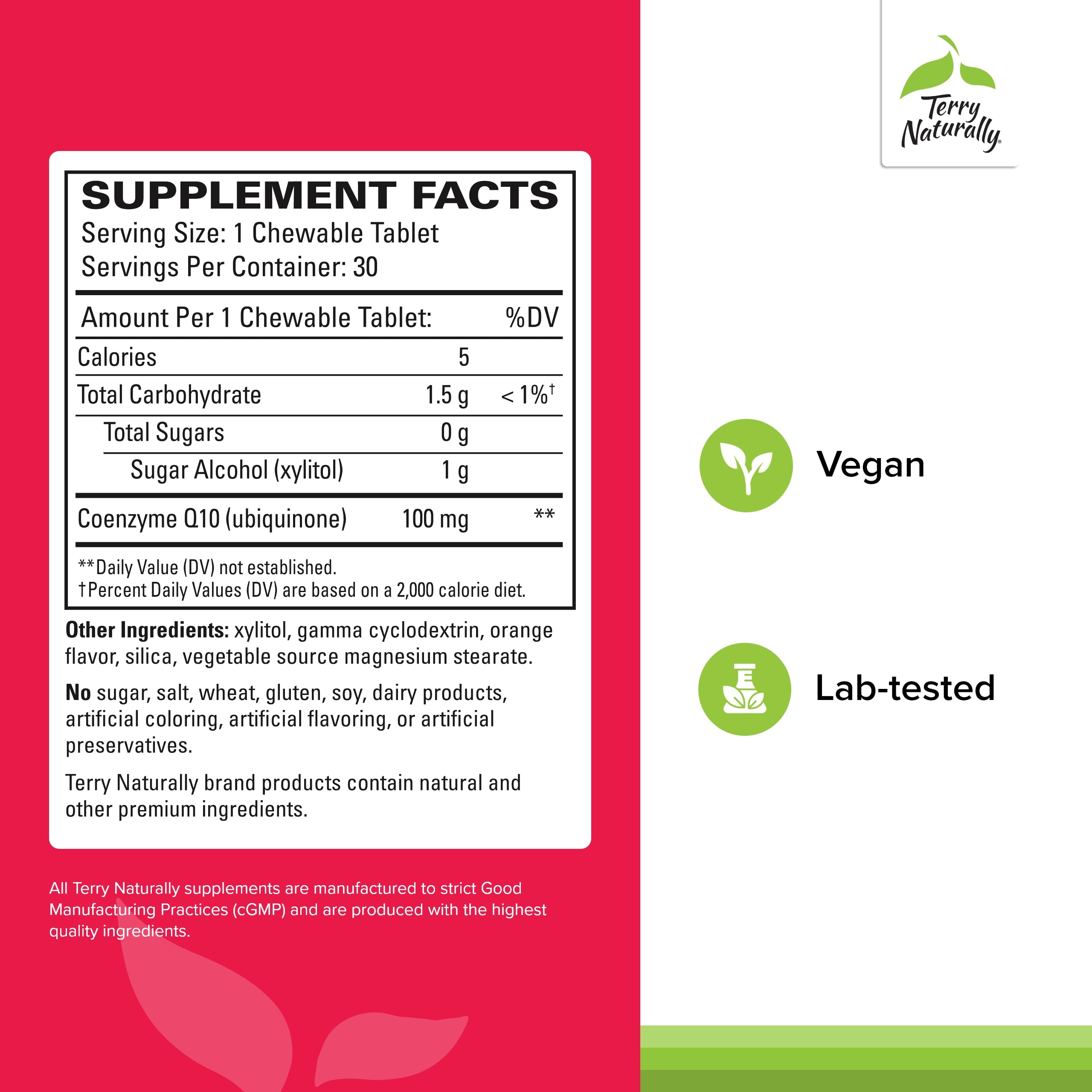 Close-up of Terry Naturally CoQ10 Chewables highlighting convenient chewable form