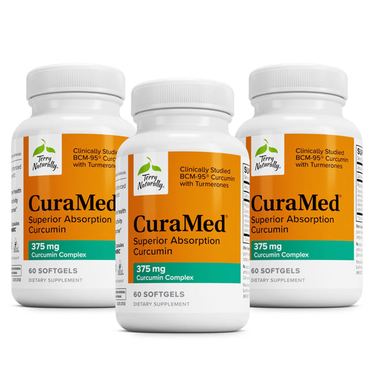 Terry Naturally CuraMed 375mg bottle shows high-potency antioxidant support for daily wellness.