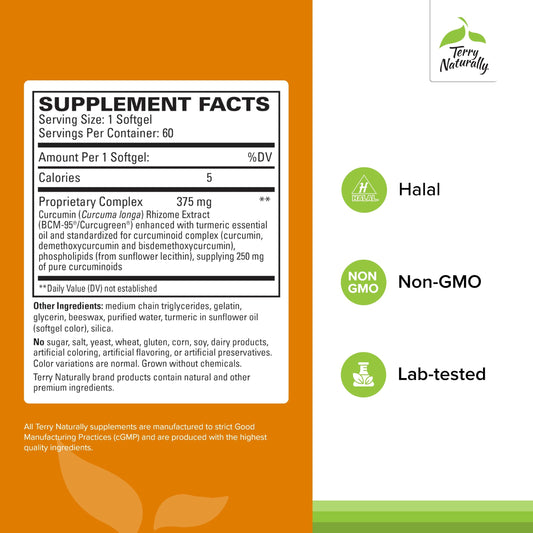 Closeup of CuraMed 375mg softgels highlighting smooth capsules for easy swallowing.