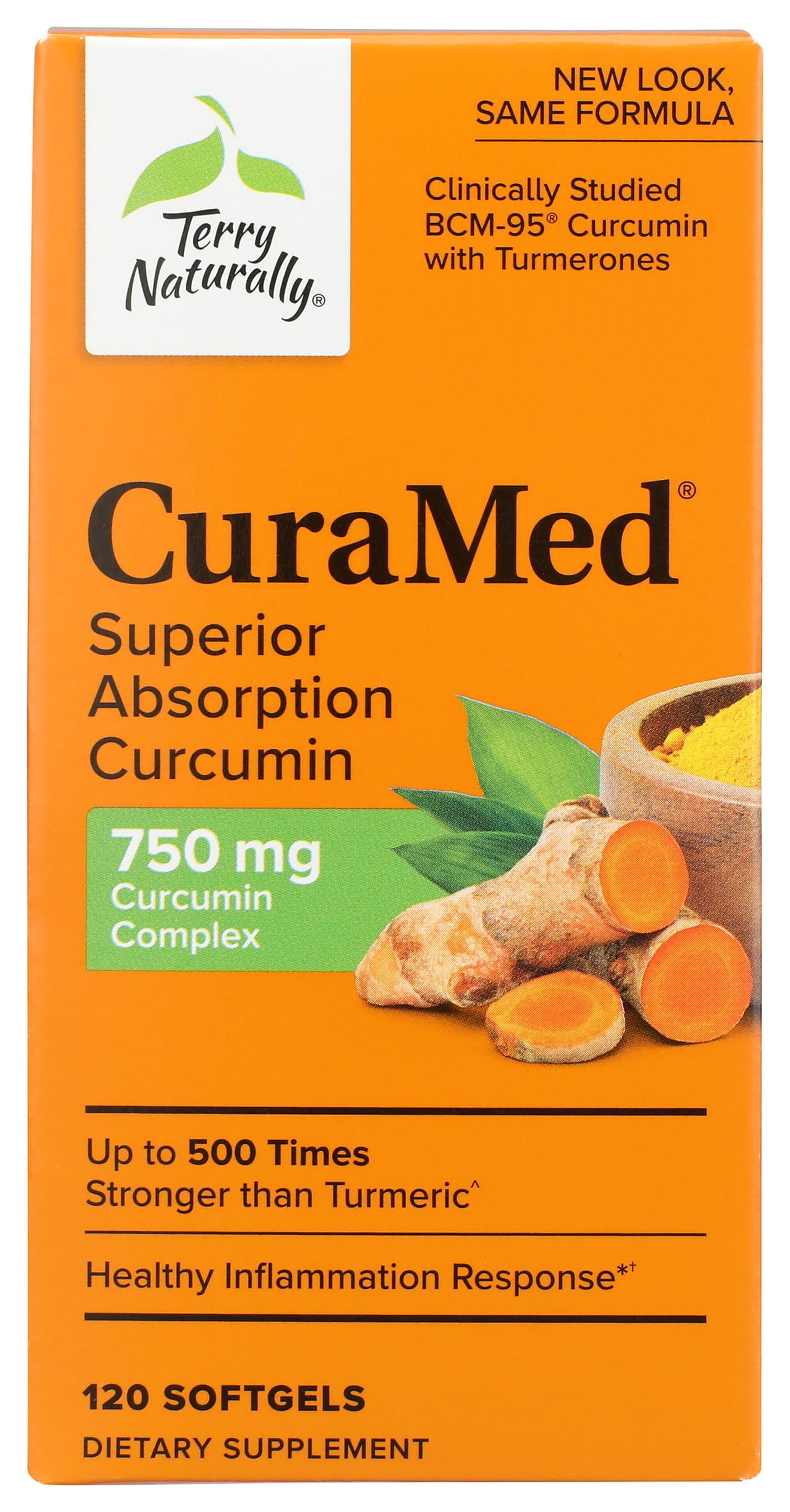 Terry Naturally CuraMed 750 mg bottle highlighting high-potency curcumin for brain and heart support.