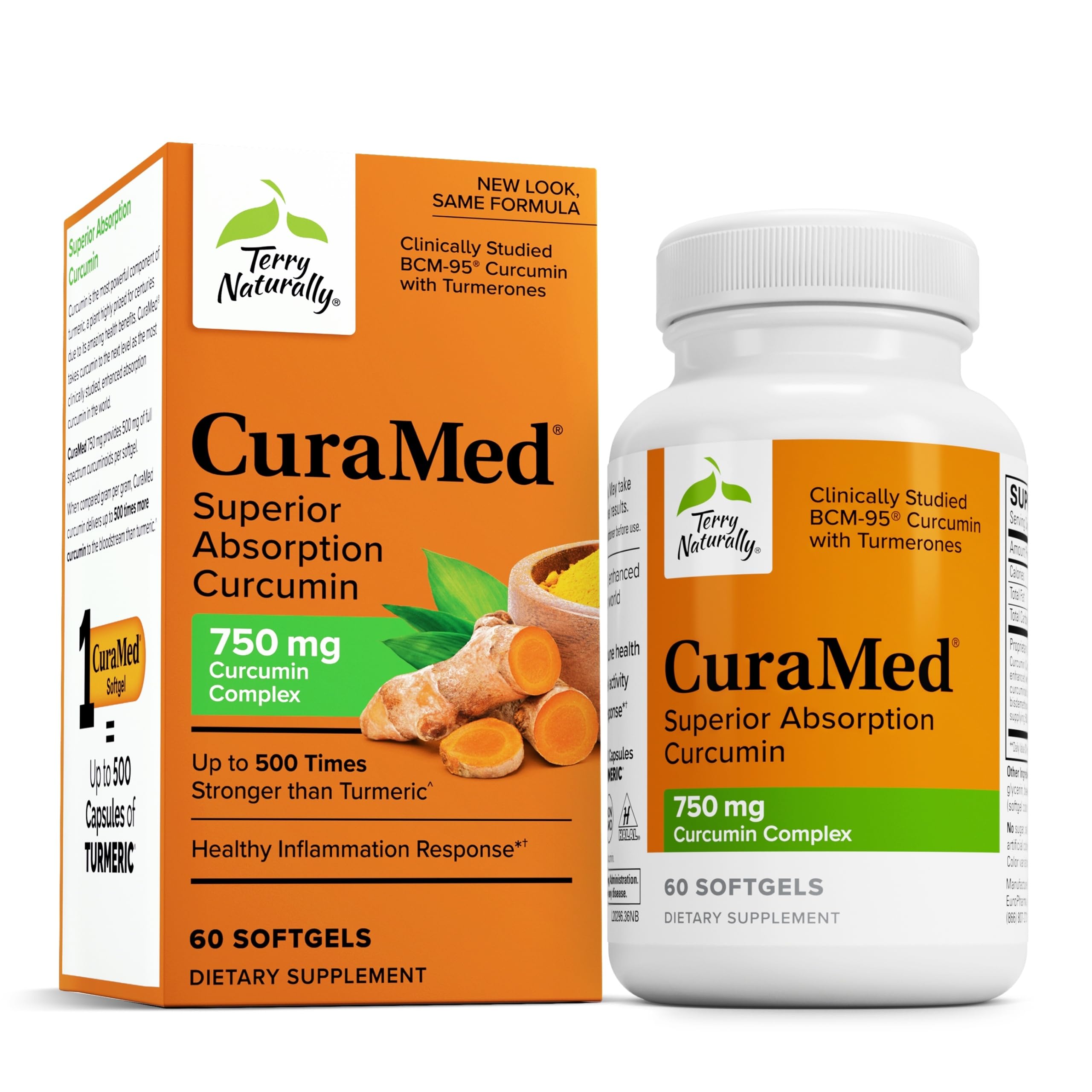 Terry Naturally CuraMed 750mg bottle with softgels for antioxidant support and daily wellness
