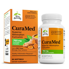 Terry Naturally CuraMed 750mg bottle with softgels for antioxidant support and daily wellness