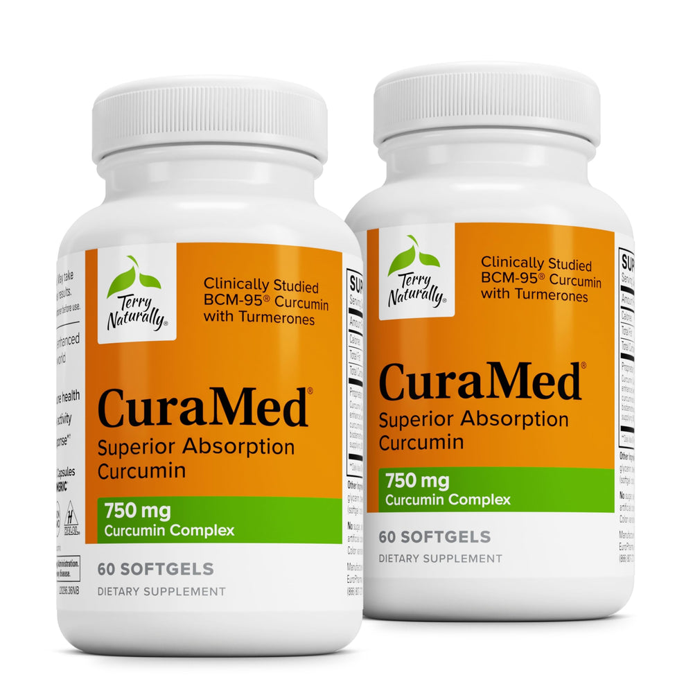 Terry Naturally CuraMed 750mg bottle pour showing high-potency curcumin for brain health support.