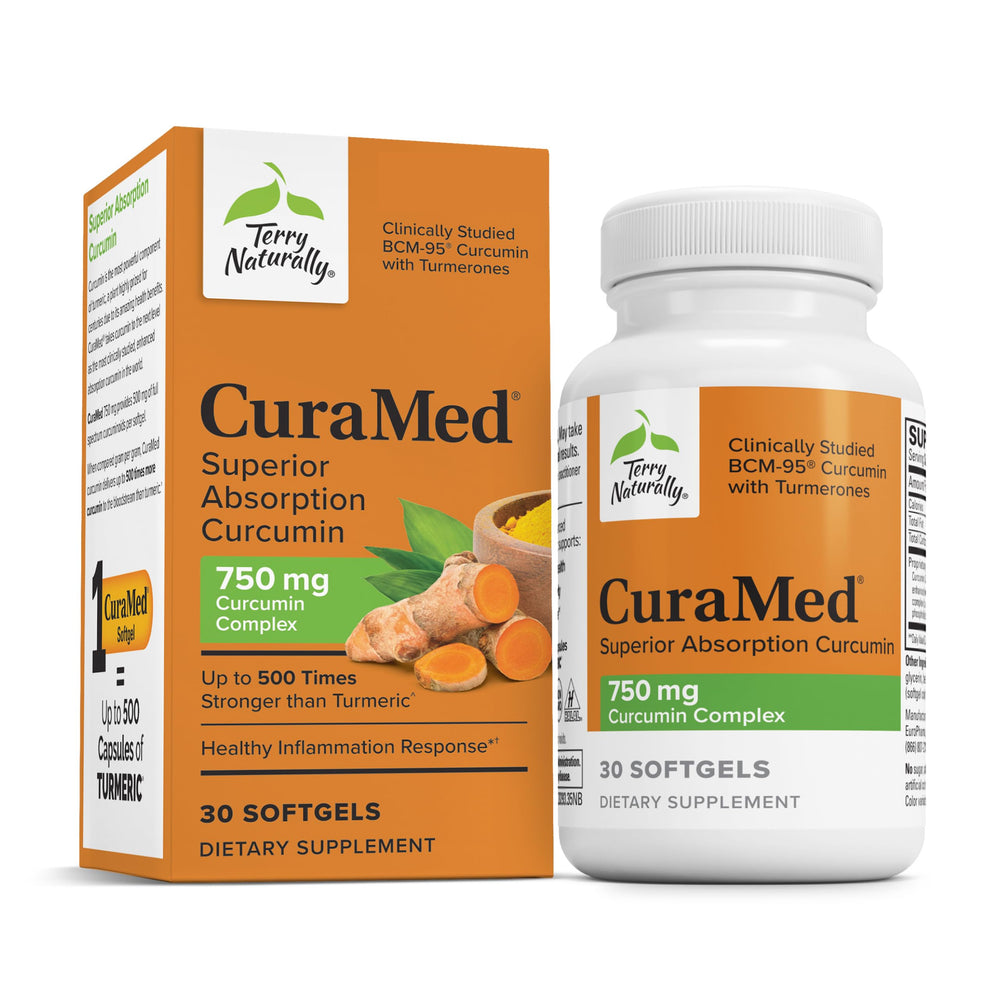 Terry Naturally CuraMed 750mg bottle highlighting brain support benefits