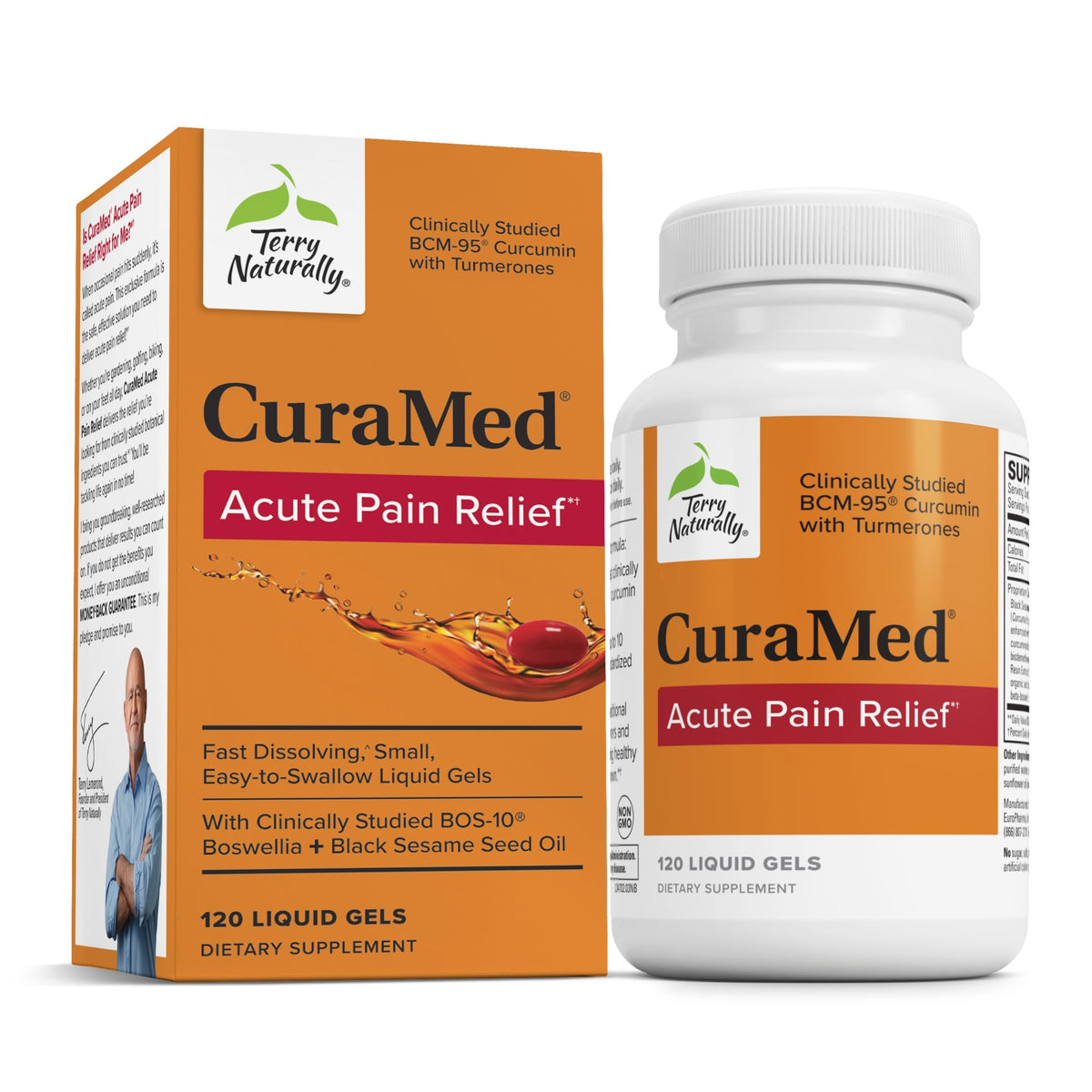 Terry Naturally CuraMed acute pain relief bottle with capsules for occasional discomfort support