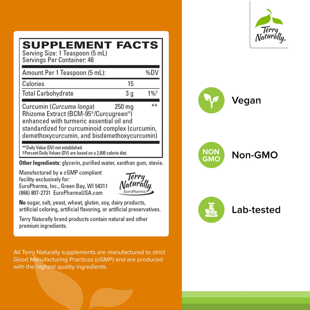 Terry Naturally CuraMed Syrup bottle back shows dosage and allergen details