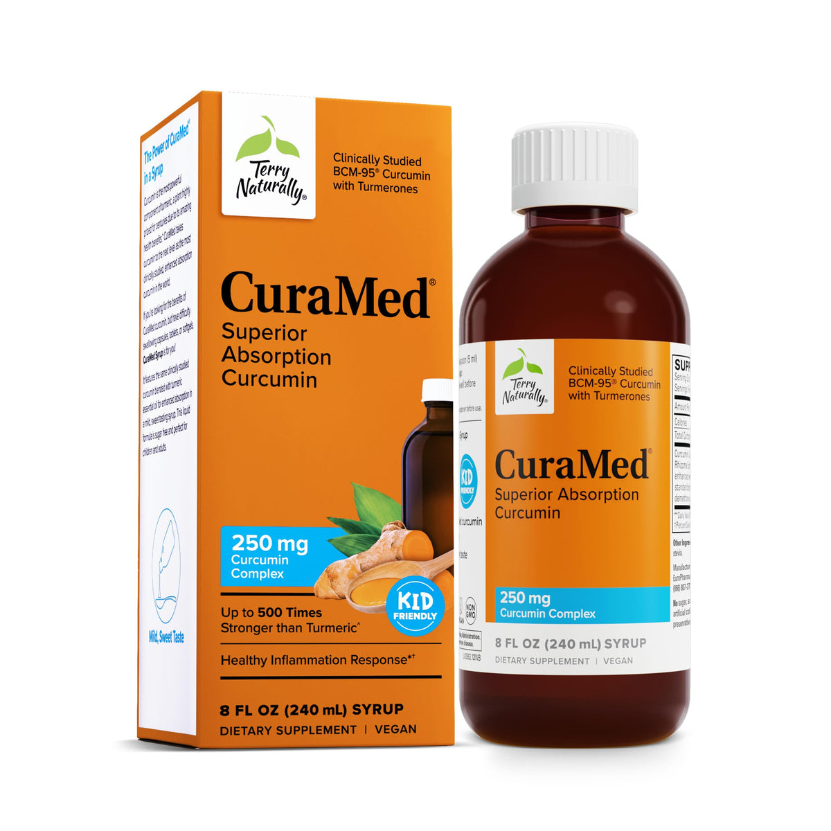 Terry Naturally CuraMed Syrup bottle front emphasizes absorption with BCM-95 curcumin