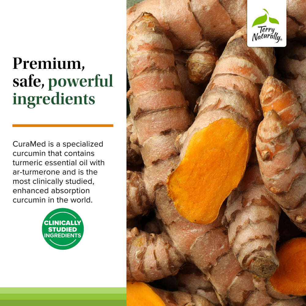 Terry Naturally CuraMed vegan dietary supplement label close-up.
