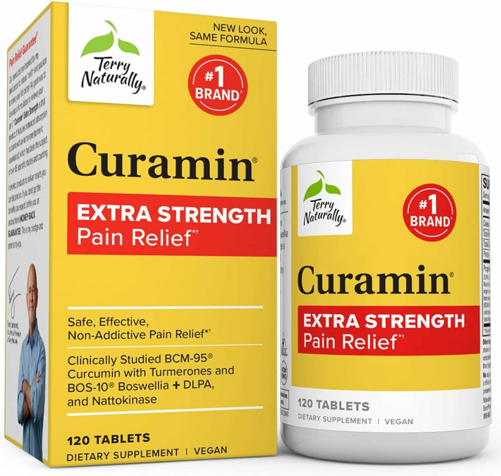 Terry Naturally Curamin Extra Strength bottle front view with vegan tablets for daily comfort.
