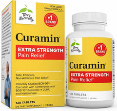 Terry Naturally Curamin Extra Strength bottle front view with vegan tablets for daily comfort.