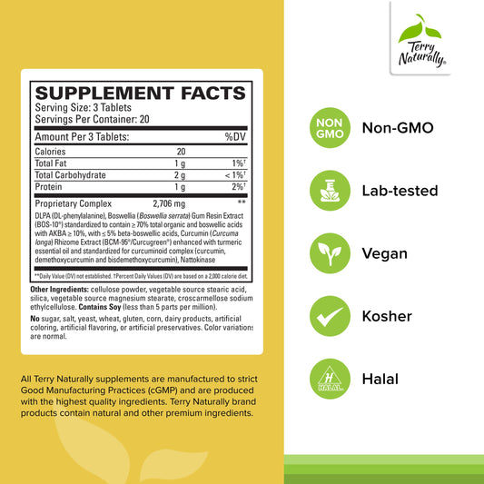 Terry Naturally Curamin label close-up highlights BCM-95 curcumin for circulation.