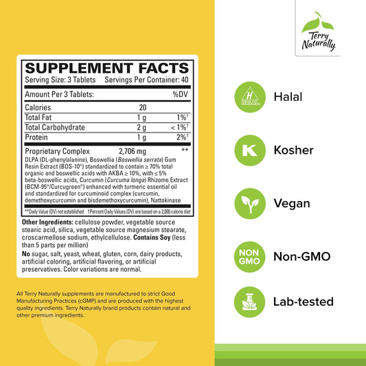 Closeup of Terry Naturally Curamin Extra Strength tablets showing vegan form.