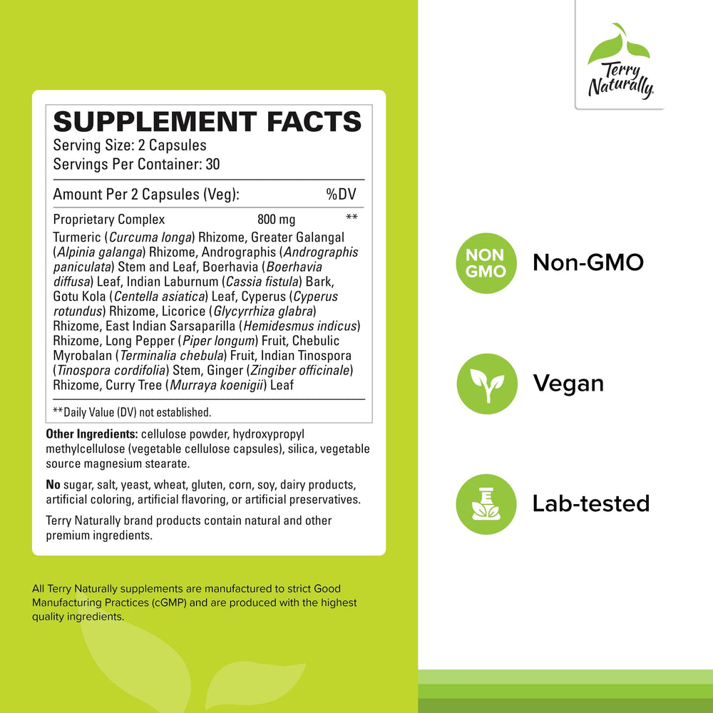 Close-up of Terry Naturally Digestive Formula vegan capsules for easy daily use.