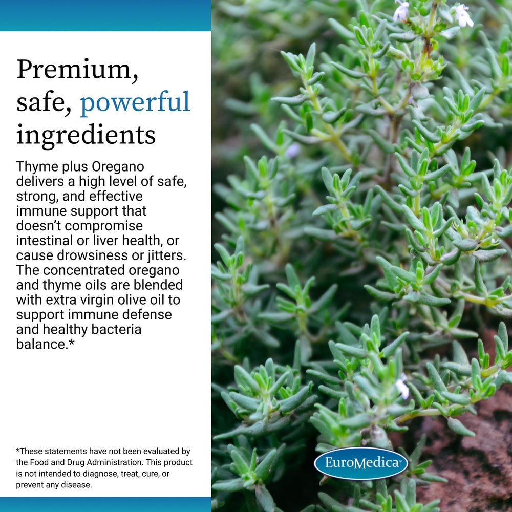 EuroMedica Thyme Plus Oregano softgels beside olive oil highlight natural carrier.
