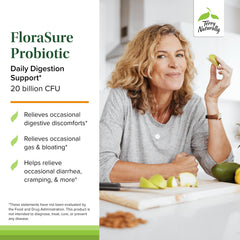 Close-up of FloraSure label highlighting Lactobacillus plantarum and Bifidobacterium bifidum benefits.