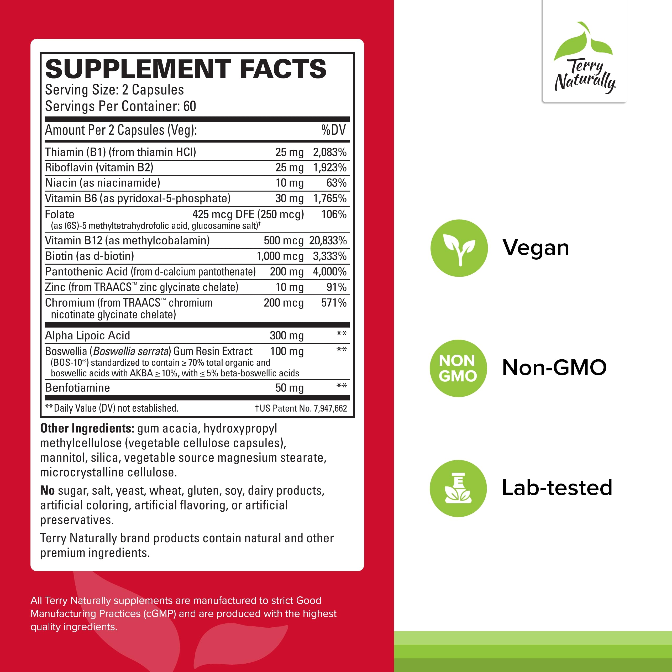 Close-up of Terry Naturally capsules highlighting vegan formula for nerve health support.