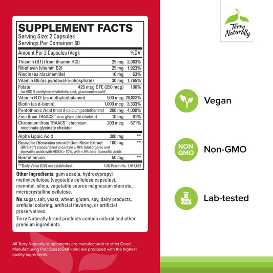 Close-up of Terry Naturally capsules highlighting vegan formula for nerve health support.