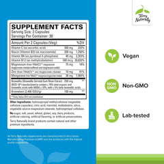 Terry Naturally Healthy Ligaments & Tendons bottle back label highlights minerals and vegan ingredients.