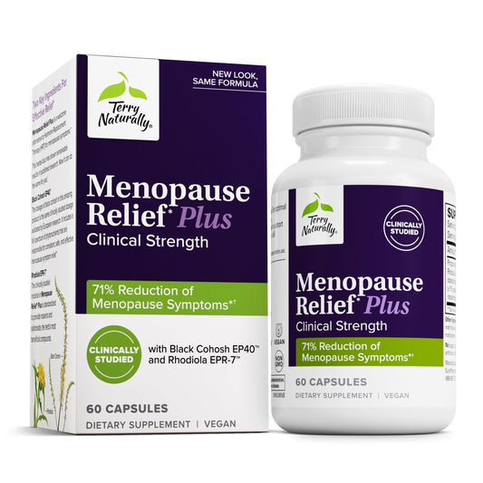 Terry Naturally Menopause Relief Plus bottle close-up for symptom support.