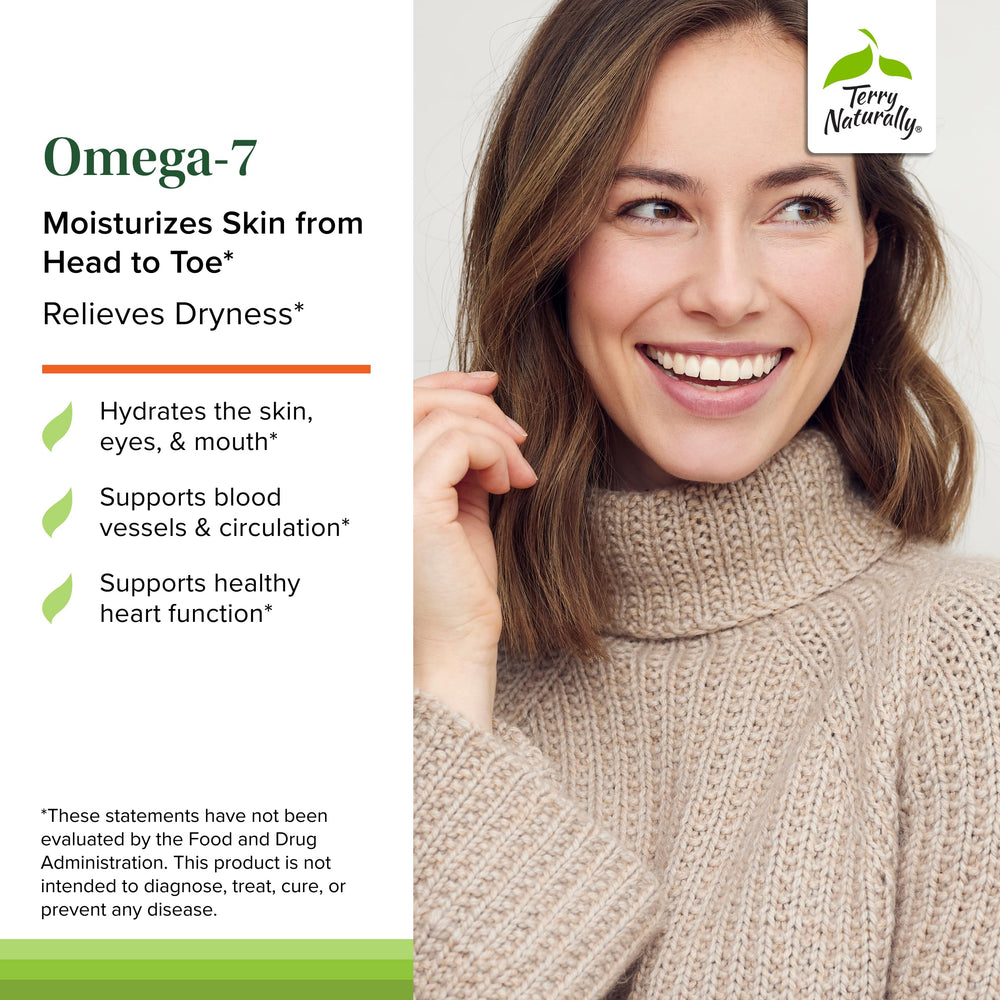 Omega-7 bottle from Terry Naturally displayed on shelf highlighting vegan formulation.