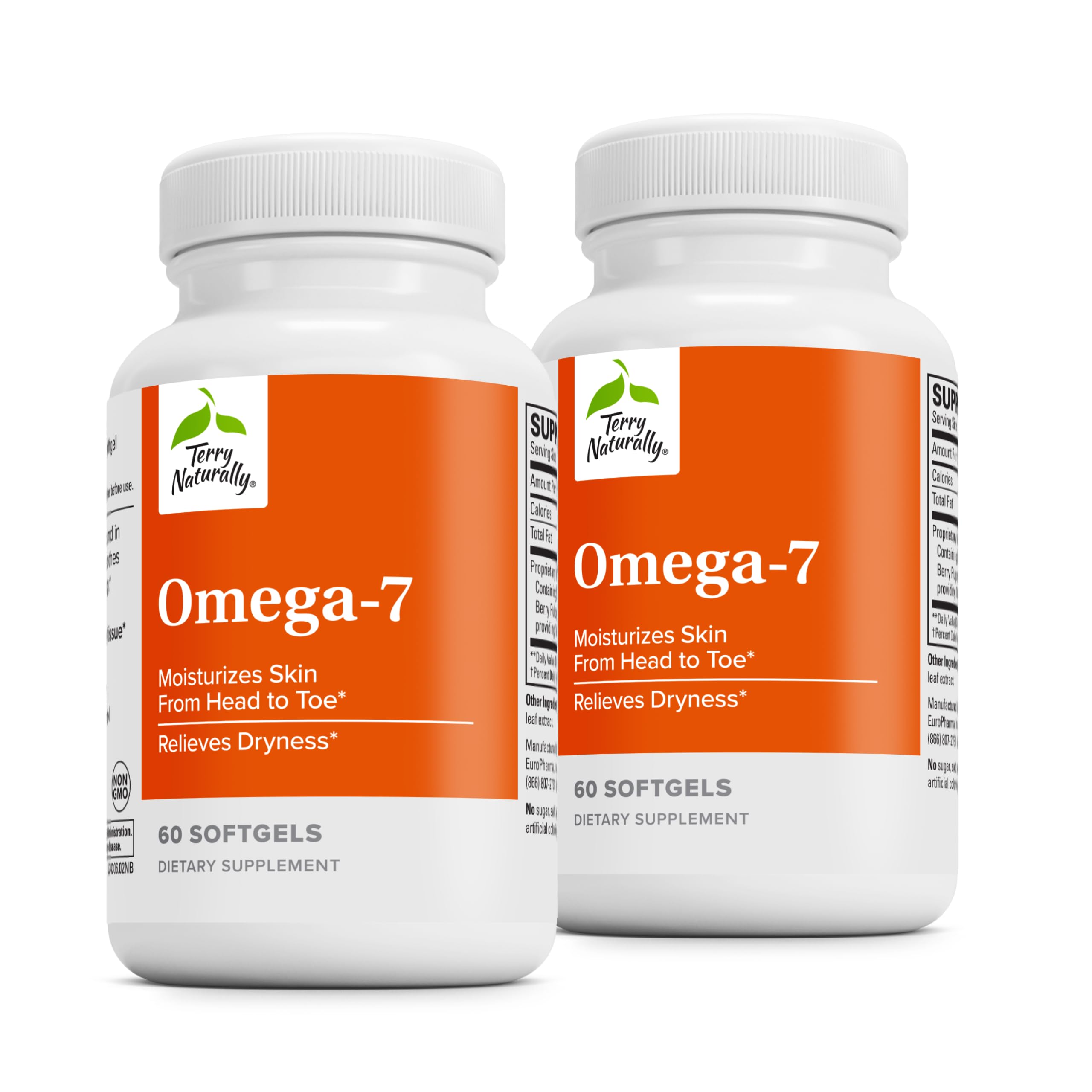 Terry Naturally Omega-7 bottle with softgels supports skin hydration and mucous membrane nourishment.